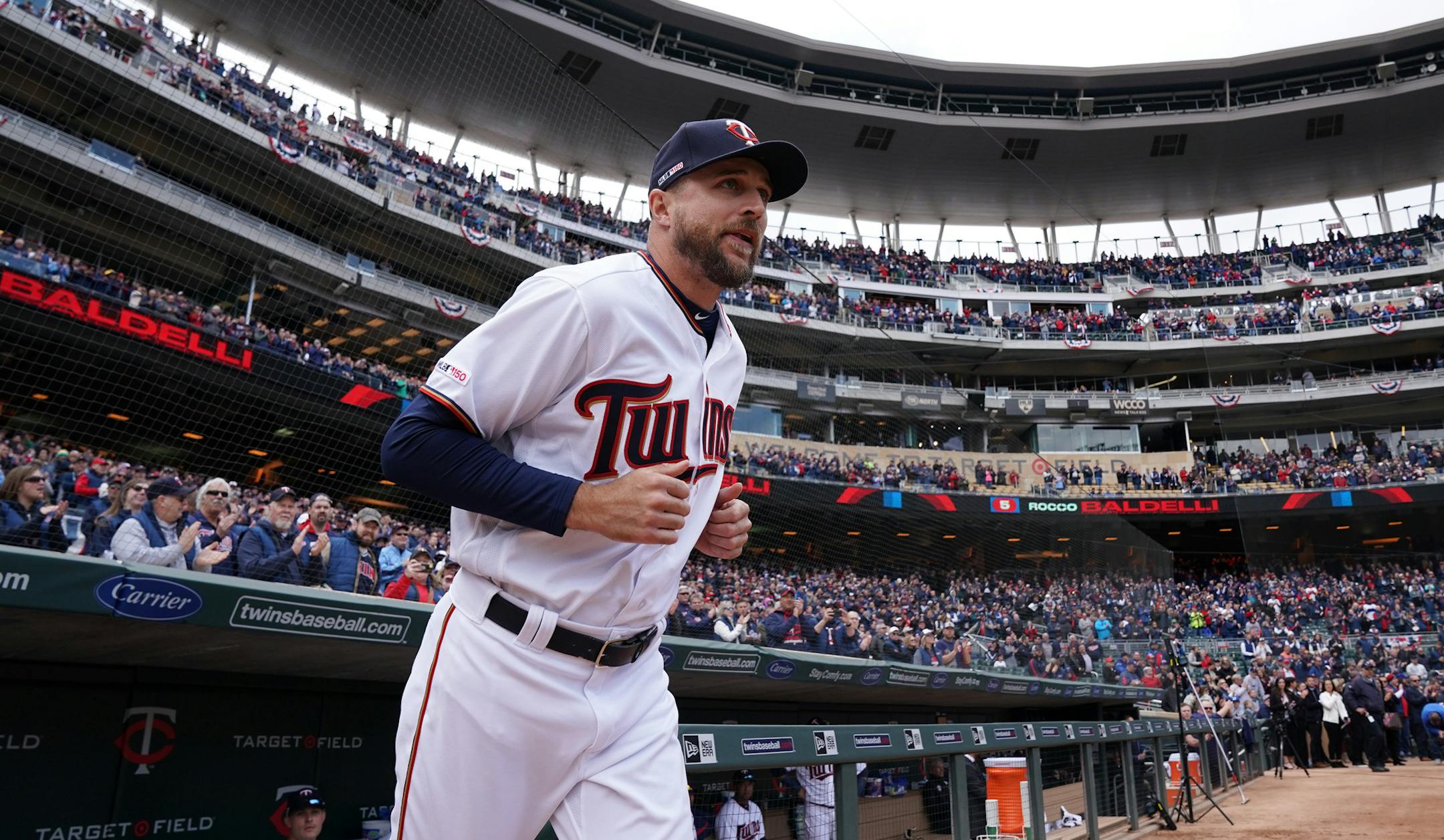 Minnesota Twins manager Rocco Baldelli (5) took the field for the first time Thursday. ] ANTHONY SOUFFLE • anthony.souffle@startribune.com The Minnesota Twins played the Cleveland Indians on Opening Day Thursday, March 28, 2019 at Target Field in Minneapolis.