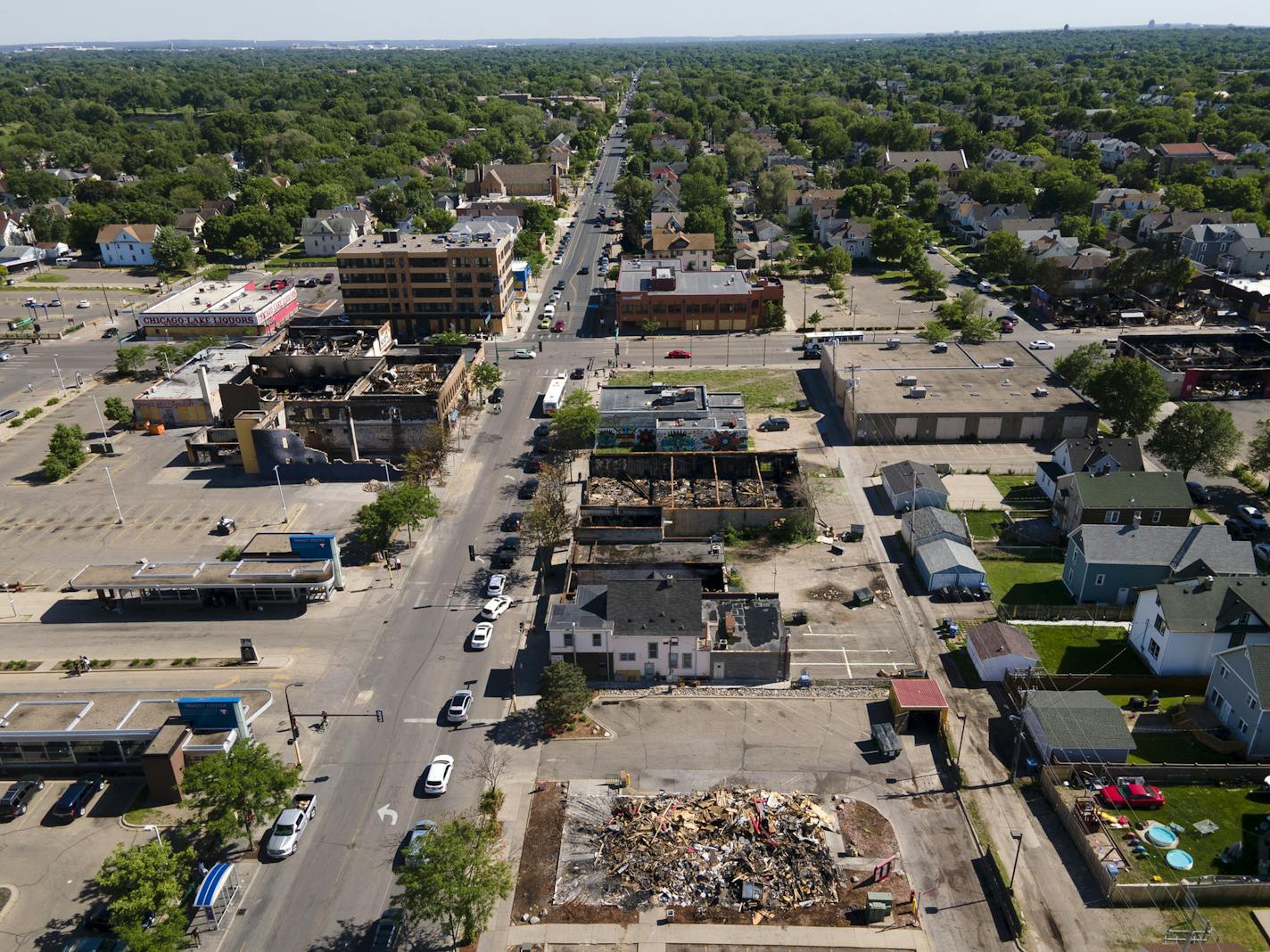 The view of destruction looking south down Chicago Avenue, toward Lake Street. Effected businesses included Popeye's Chicken, Cricket Wireless, T-Mobile, Lake Street Tobacco and more. aaron.lavinsky@startribune.com Aerial photos taken Wednesday, June 3, 2020 in the aftermath of the death of George Floyd, who was killed in police custody, in Minneapolis, Minn.