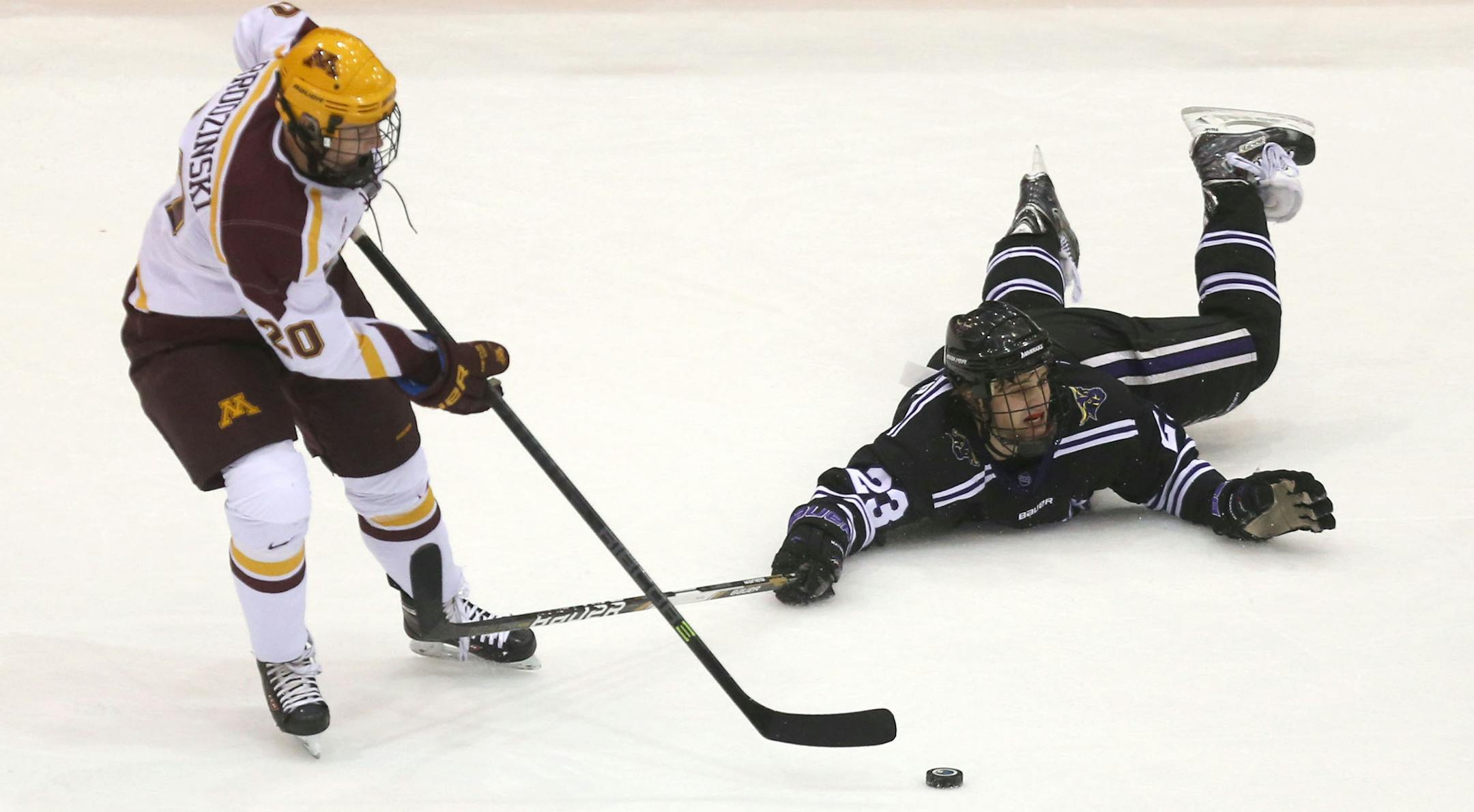 Gophers defenseman Michael Brodzinski stole the puck in a game at Mariucci Arena.