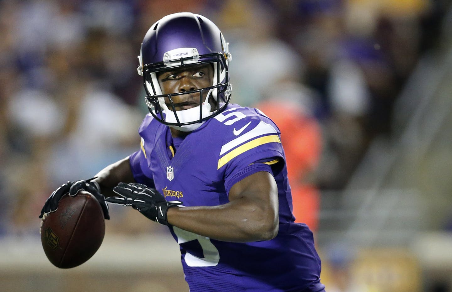 Teddy Bridgewater (5) in the third quarter. ] CARLOS GONZALEZ cgonzalez@startribune.com - August 16, 2014 , Minneapolis, Minn., NFL, TCF Bank Stadium, Minnesota Vikings vs. Arizona Cardinals