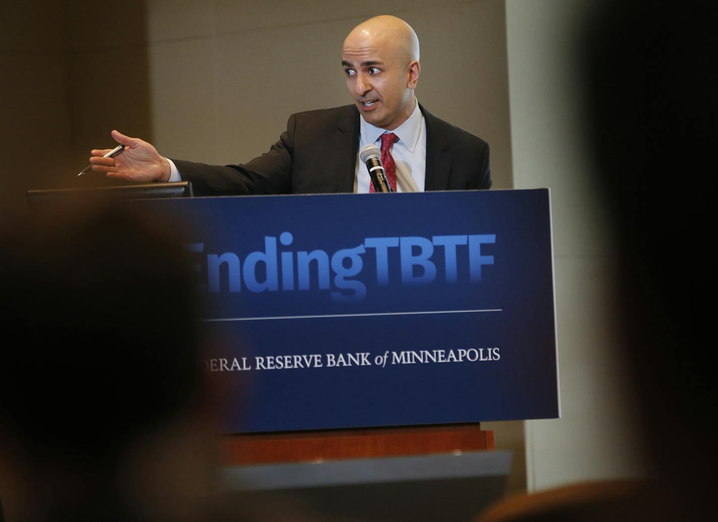 At the Federal Bank building in Minneapolis where a banking symposium on reforms and ending "too big to fail" took place, Minneapolis Fed Bank president Neel Kashkari addressed the audience.] Richard Tsong-Taatarii/rtsong-taatarii@startribune.com ORG XMIT: MIN1604041709020002