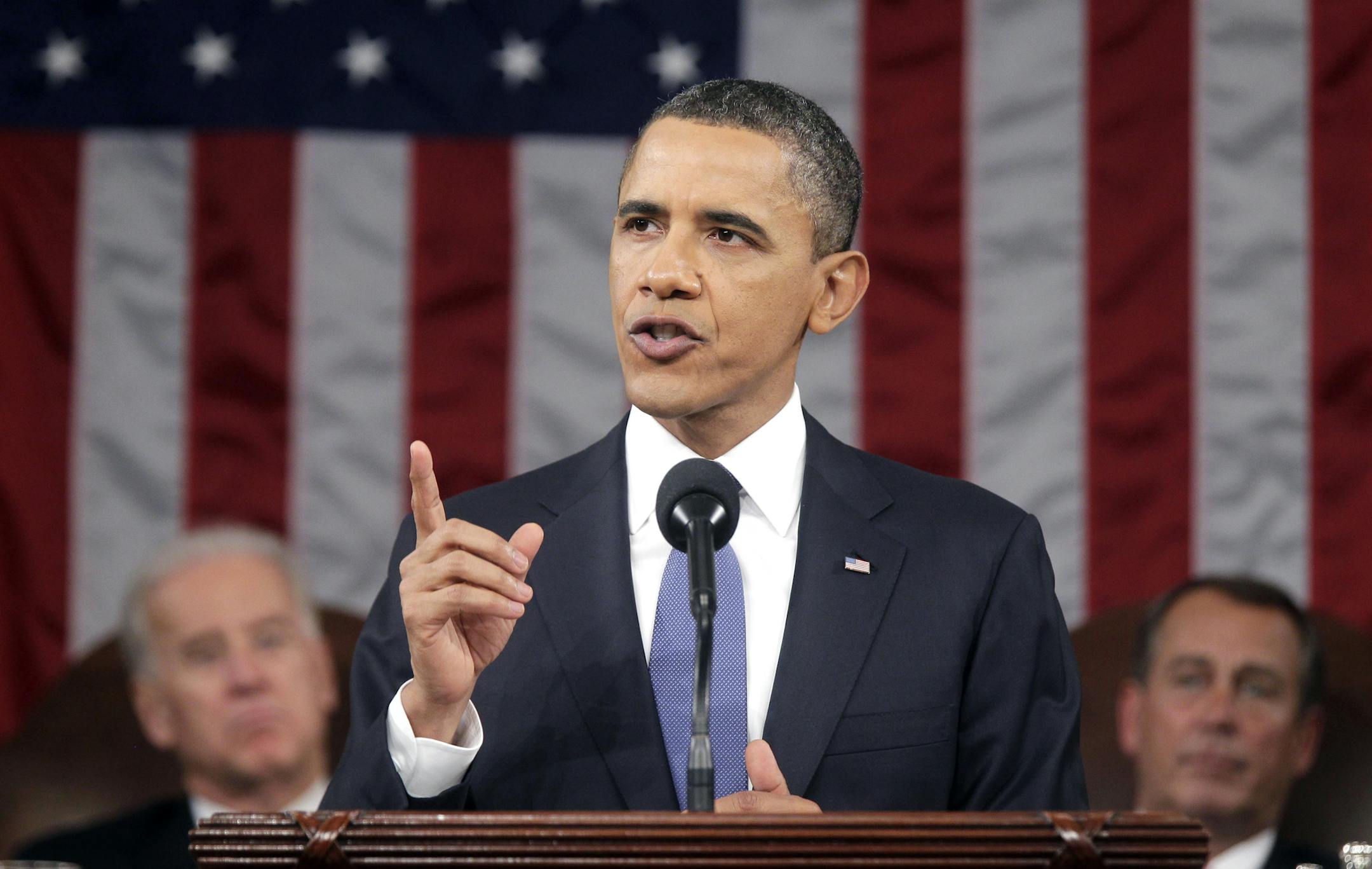 FILE - In this Jan. 25, 2011 file-pool photo, President Barack Obama delivers his State of the Union address on Capitol Hill in Washington. Is ìstrongî losing its strength? Presidents of both parties have long felt compelled to sum up the state of the union with a descriptive word or two in their State of the Union addresses. Mostly the same word. For many years now, ìstrongî has been the go-to adjective. Vice President Joe Biden is at left, House Speaker John Boehner of Ohio