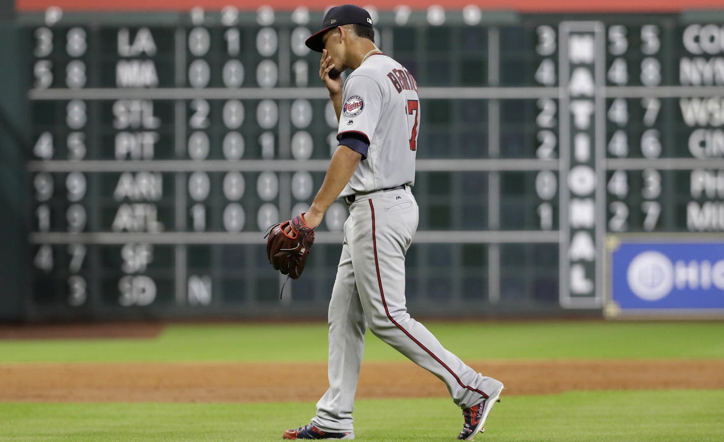 Minnesota Twins' Jose Berrios walks toward the dugout after being pulled during the second inning of the team's baseball game against the Houston Astros on Friday, July 14, 2017, in Houston. (AP Photo/David J. Phillip)