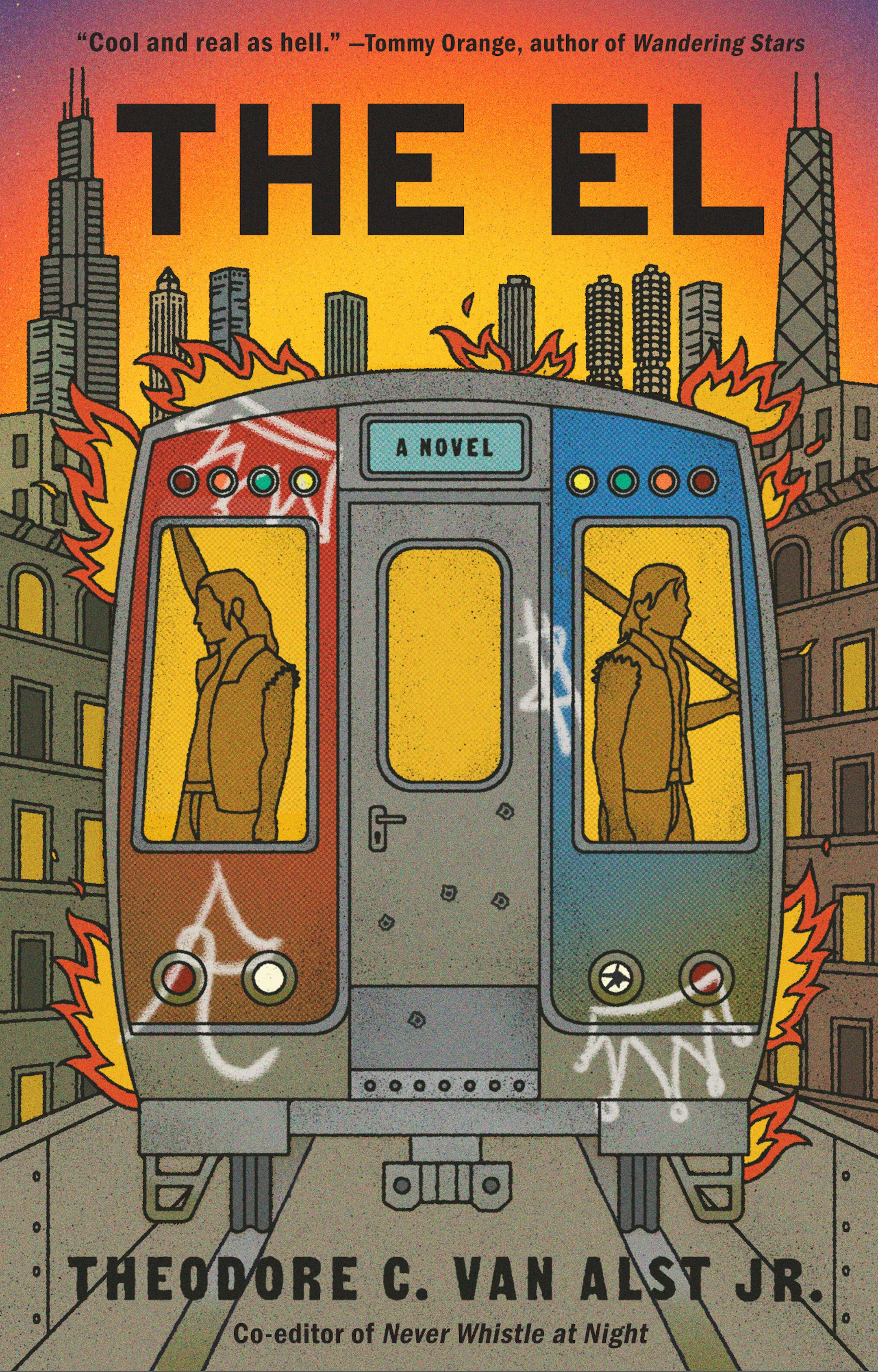 cover of The El features a Chicago elevated train, viewed from the back, with two people standing in the windows