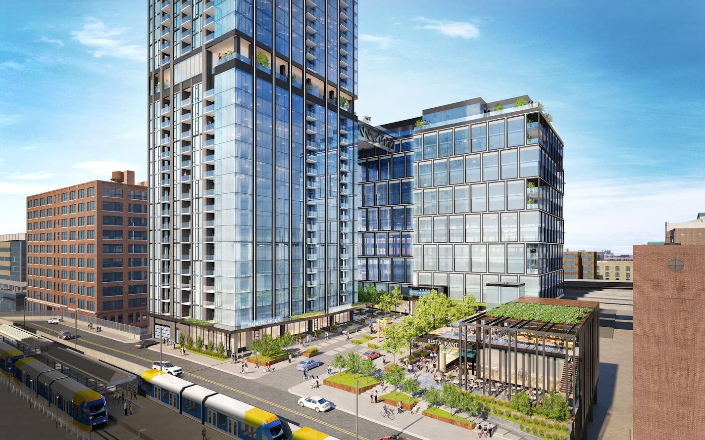 Hines is moving forward with plans to build a pair of glass and steel towers in the North Loop neighborhood, including a 35-story apartment tower with 450 apartments and a 14-story office tower with 340,000 square-feet of office space that'll be linked by a 14th-floor skyway that will house amenities for residents of the apartments.