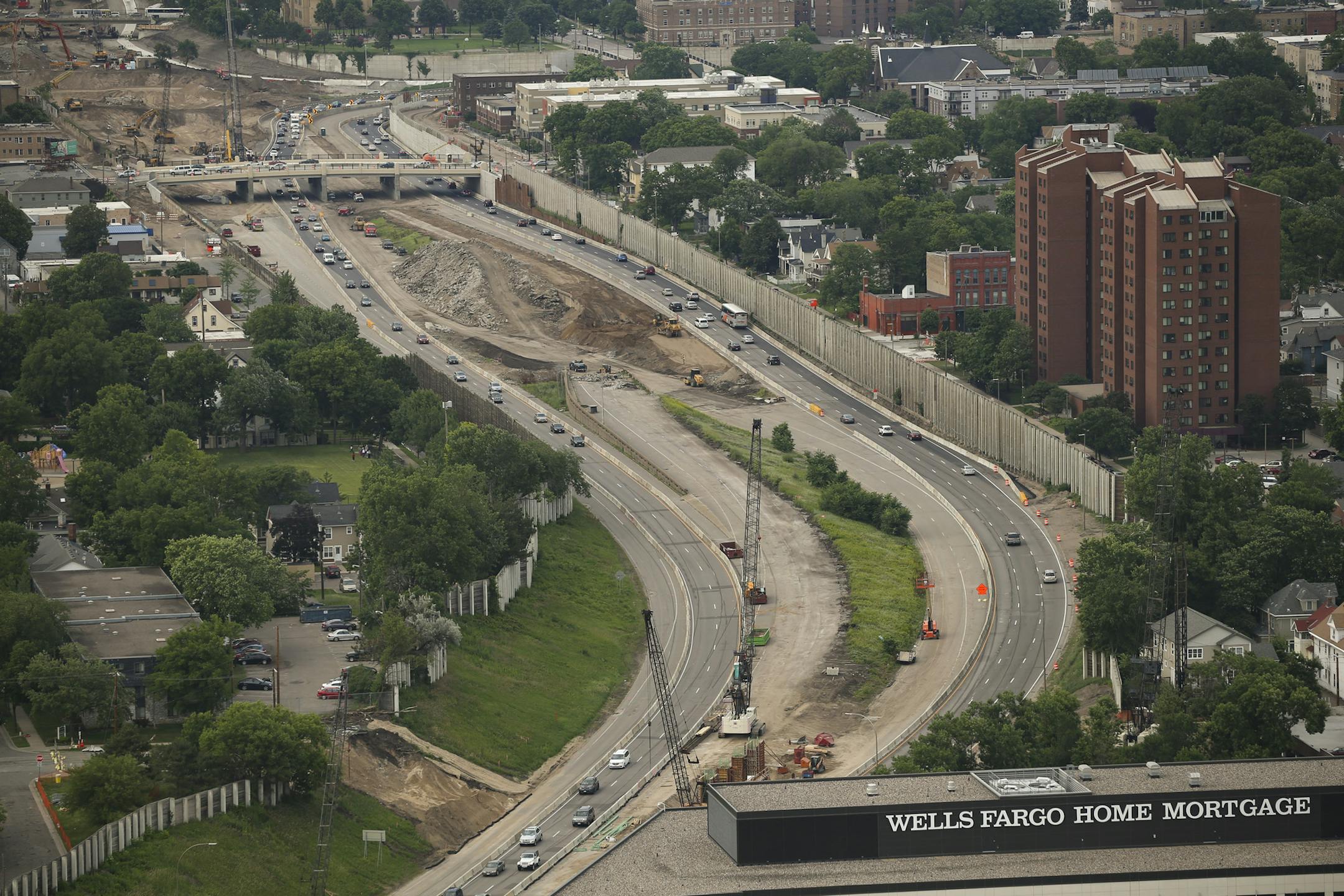 An aerial view from June looking at construction of a replacement for the demolished E. 26th bridge over I-35W, which is part of the major rebuilding of the interstate through the heart of the Twin Cities. JEFF WHEELER ï jeff.wheeler@startribune.com
