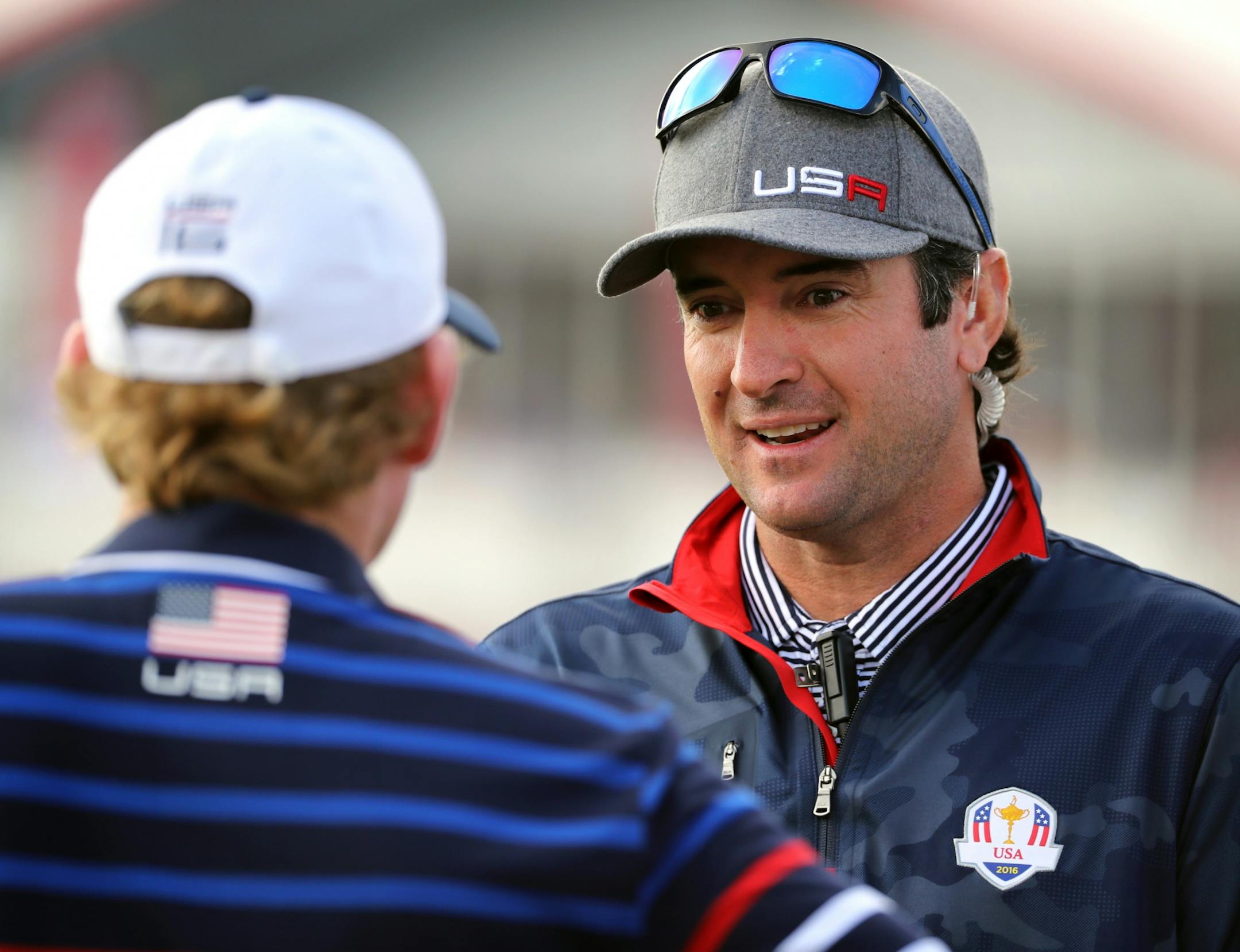 Brandt Snedeker (left) gets some tips from Vice Captain Bubba Watson during the 2016 Ryder Cup at Hazeltine in Chaska.