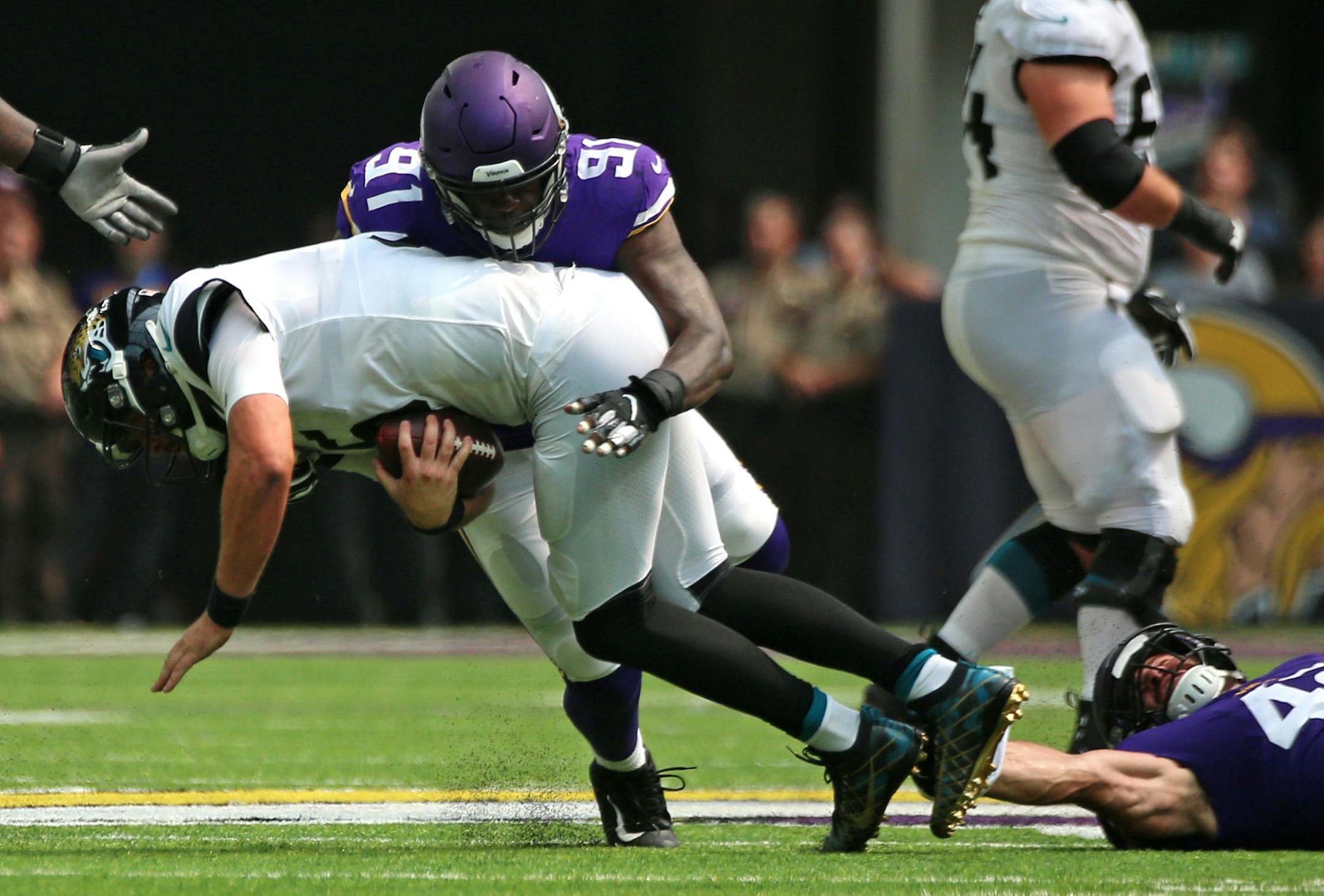 Minnesota Vikings defensive end Stephen Weatherly (91) sacks Jacksonville Jaguars quarterback Blake Bortles (5) in the second quarter. ] ALEX KORMANN &#x2022; alex.kormann@startribune.com The Minnesota Vikings played host to the Jacksonville Jaguars at U.S. Bank Stadium in Minneapolis on Saturday for their second game of the preseason. The starters were out of sync and lethargic throughout their performance and the Vikings lost 14-10.