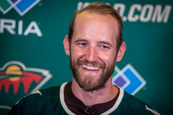 Alex Goligoski spoke during a news conference Wednesday at the Wild offices in St. Paul.