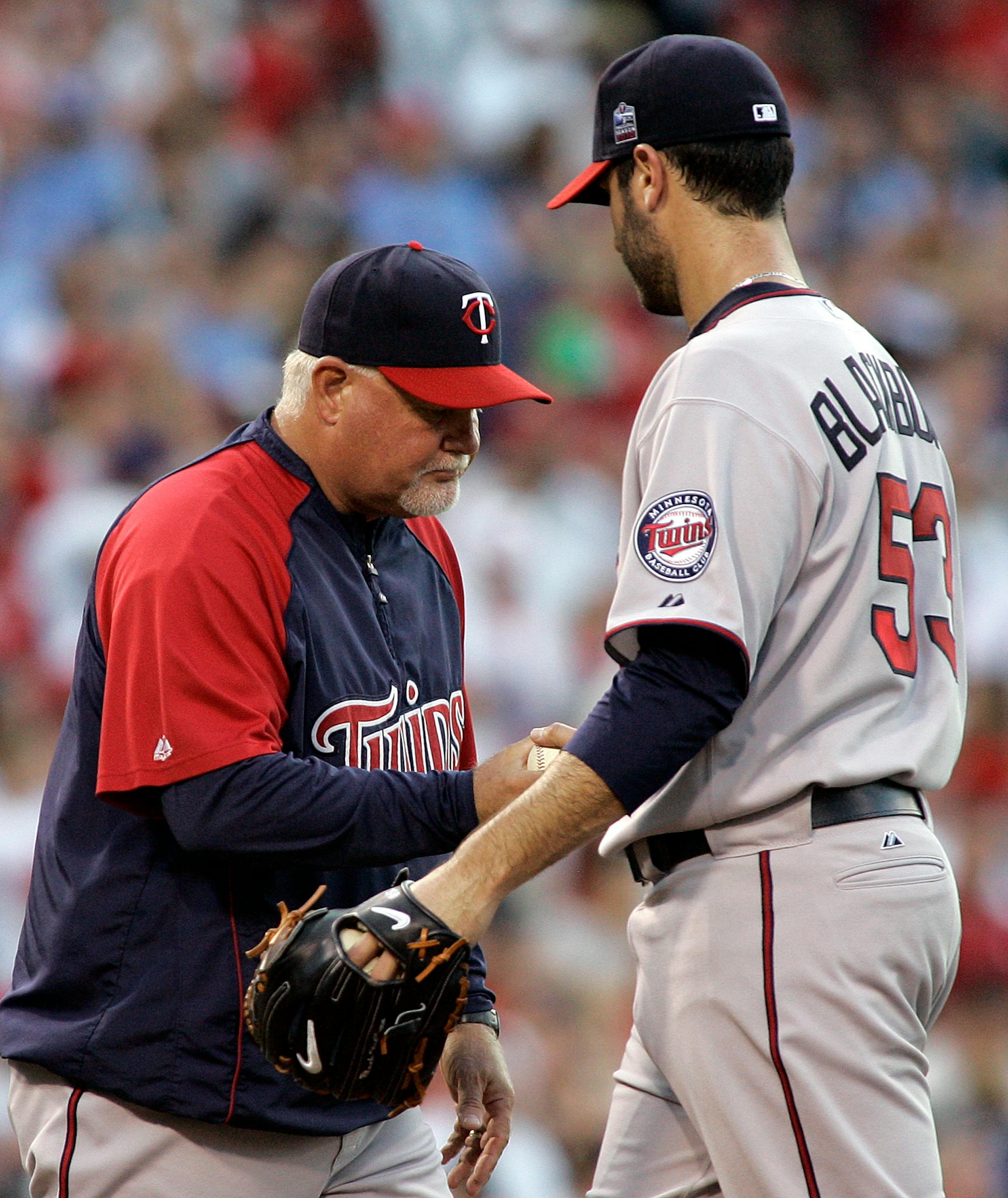 The ERA of Twins starter Nick Blackburn (right, with manager Ron Gardenhire) has climbed to 6.10.