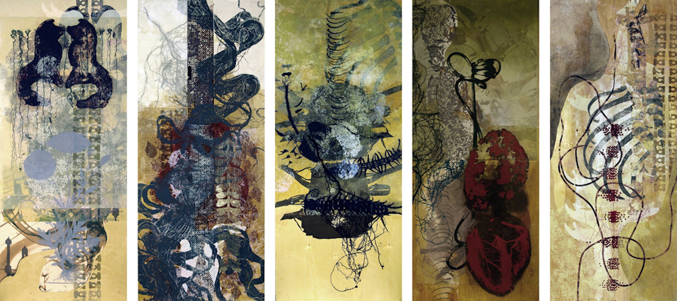 Sara Downing, Stephanie Hunder, Elizabeth Sunita Jacobson, Slag and Bloom, serigraph and collage on panel