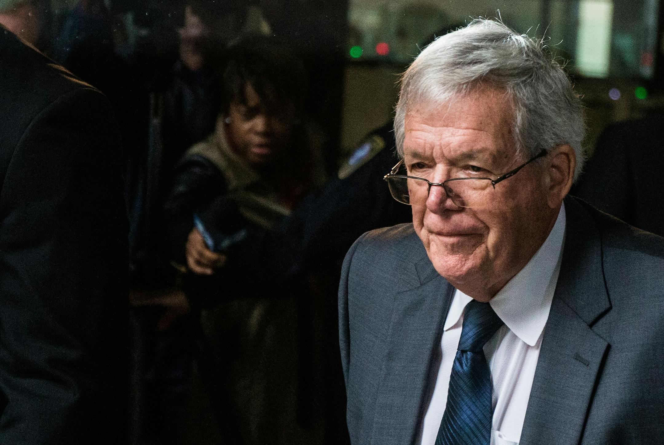 FILE -- Former U.S. House Speaker Dennis Hastert leaves after guilty plea at Dirksen U.S. Courthouse on Wednesday, Oct. 28, 2015 in Chicago.