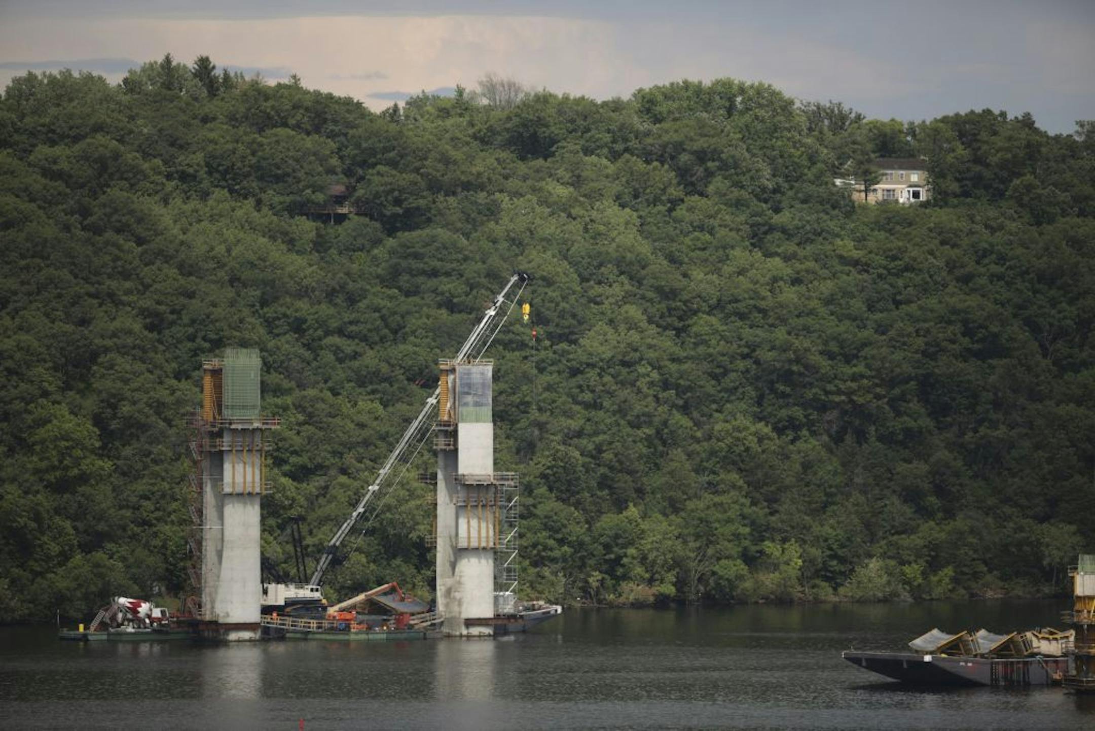A view of the construction progress on the new St. Croix River bridge Monday afternoon. This pair of supports is near the shore on the Wisconsin side of the river.