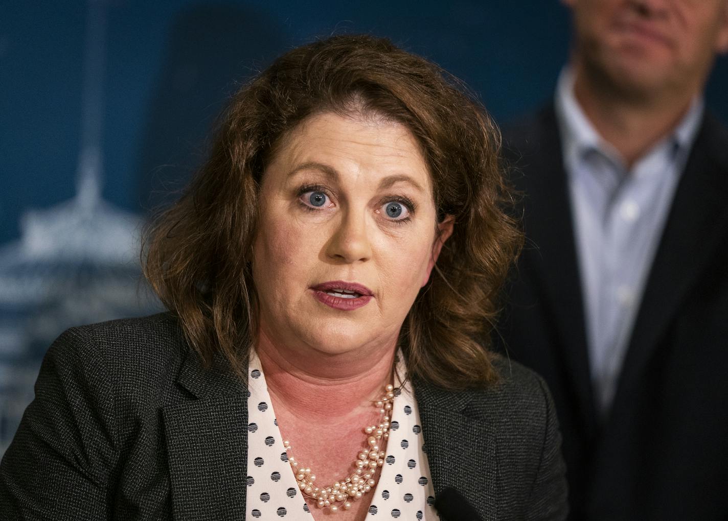 Sen. Michelle Benson (R-Ham Lake), the deputy majority leader, speaks during a press conference addressing the resignation of DHS Commissioner Tony Lourey. ] LEILA NAVIDI &#x2022; leila.navidi@startribune.com BACKGROUND INFORMATION: Republicans hold a press conference addressing the resignation of DHS Commissioner Tony Lourey at the State Capitol in St. Paul on Monday, July 15, 2019.