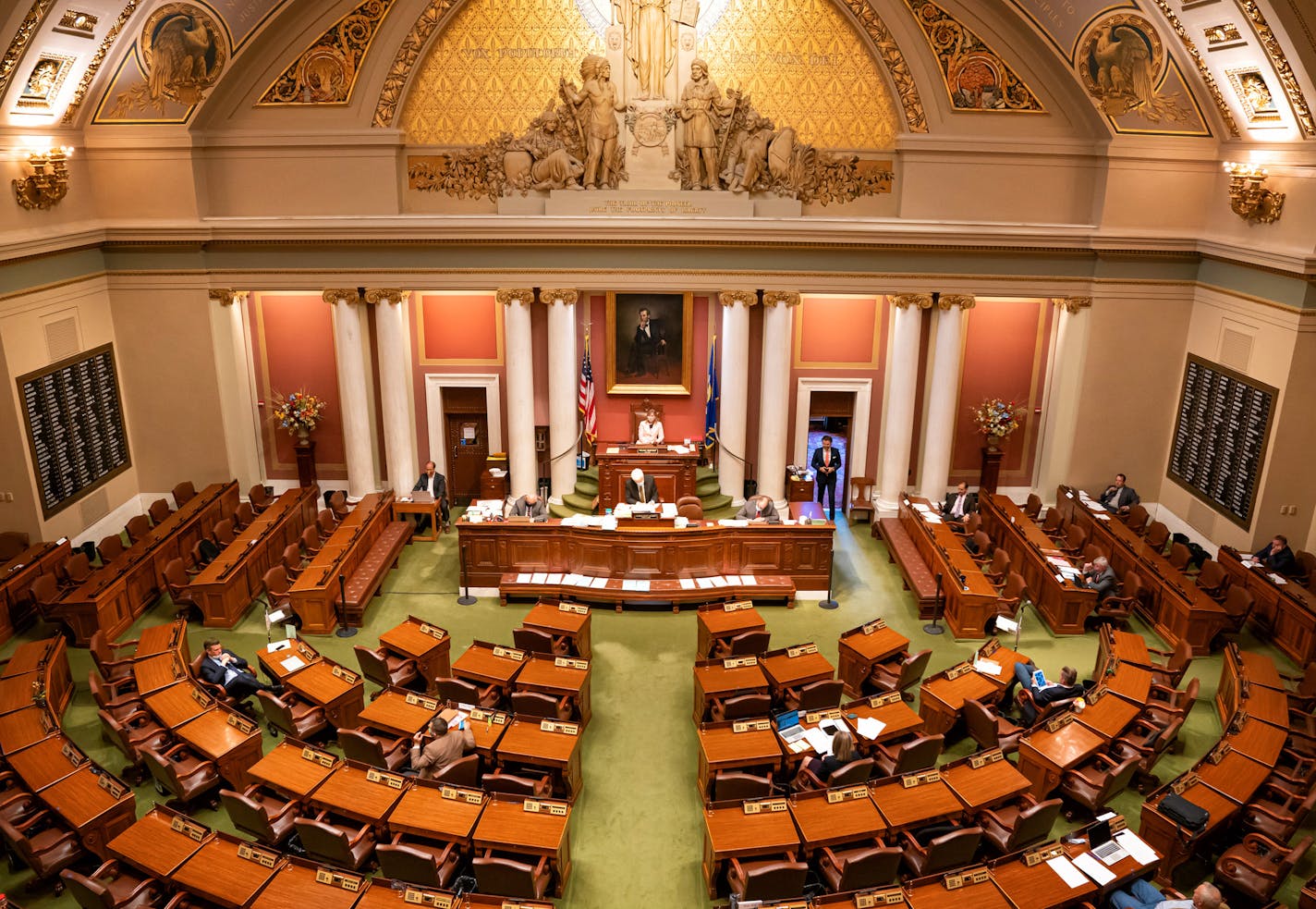 House Speaker Melissa Hortman, DFL-Brooklyn Park, presided over the House Chamber, mostly empty due to the pandemic, on May 11. The bonding bill failed Saturday on a 75-58 vote.