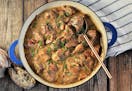 Normandy-Style Pork Stew with Apple Cider and Bacon.