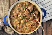 Normandy-Style Pork Stew with Apple Cider and Bacon.