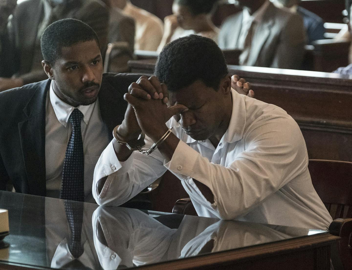 Michael B. Jordan, left, and Jamie Foxx in "Just Mercy." (Jake Giles Netter/Warner Bros. Pictures) ORG XMIT: 1524473