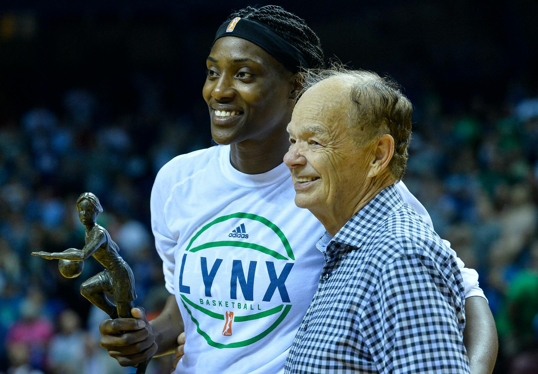 Minnesota Lynx center Sylvia Fowles (34) held her MVP trophy beside Lynx owner Glen Taylor Thursday night. ] AARON LAVINSKY &#xef; aaron.lavinsky@startribune.com The Minnesota Lynx played the Washington Mystics in the second round of the WNBA semifinals on Thursday, Sept. 14, 2017 at Williams Arena in Minneapolis, Minn.