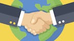 iStockphoto.com
Business handshake and Earth. Global business, partnership. Two hands shaking one another. Flat design vector illustration