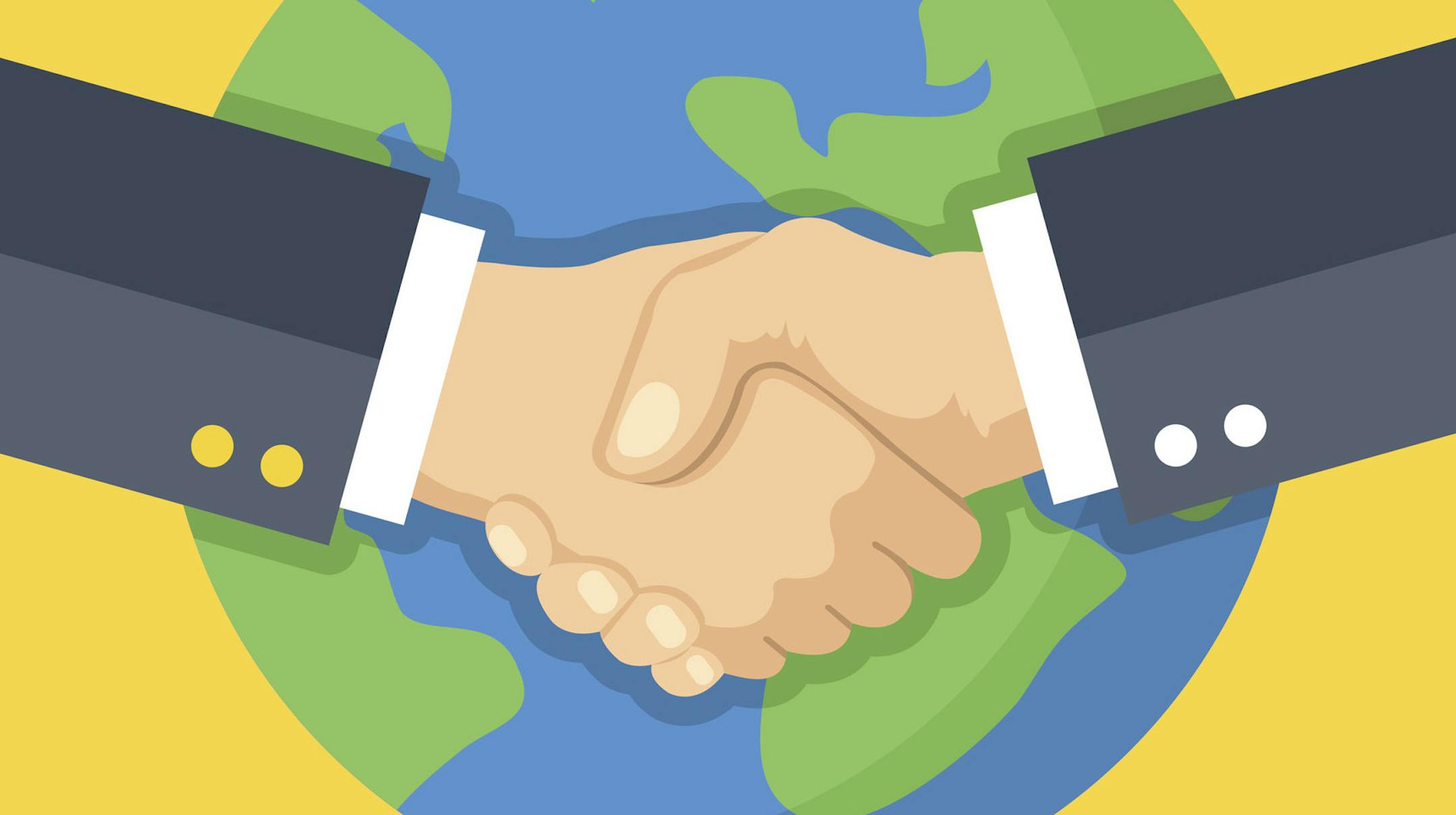 iStockphoto.com
Business handshake and Earth. Global business, partnership. Two hands shaking one another. Flat design vector illustration