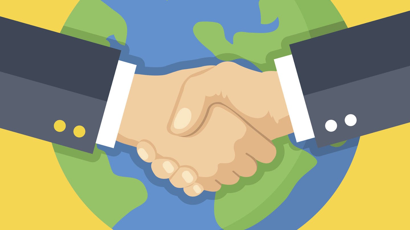 iStockphoto.com
Business handshake and Earth. Global business, partnership. Two hands shaking one another. Flat design vector illustration