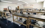 New desks in the science classroom of Monty Tech Anatomy and Physiology teacher Dylan Hager, as seen on Thursday, Oct. 12, 2017.