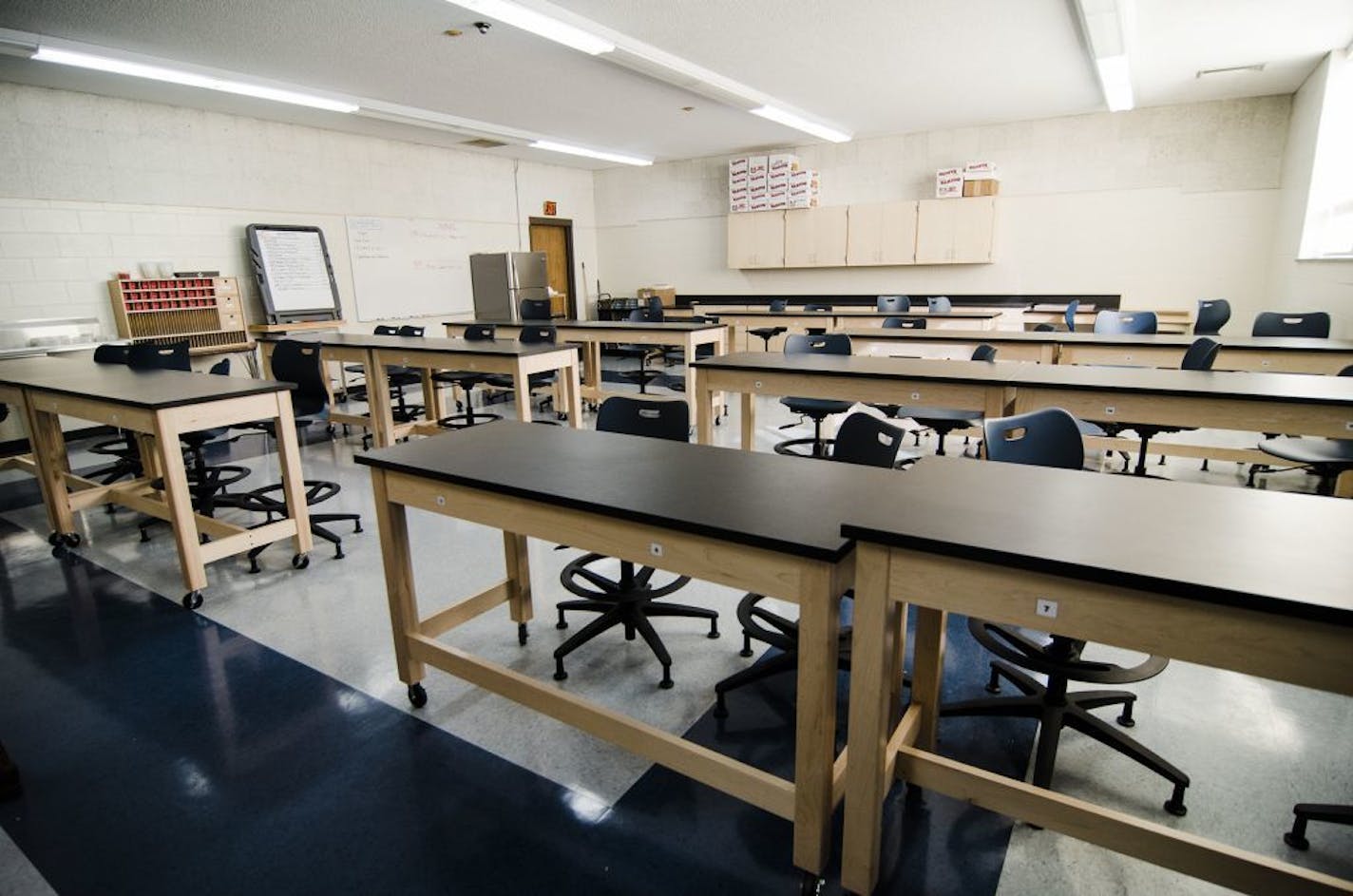 New desks in the science classroom of Monty Tech Anatomy and Physiology teacher Dylan Hager, as seen on Thursday, Oct. 12, 2017.