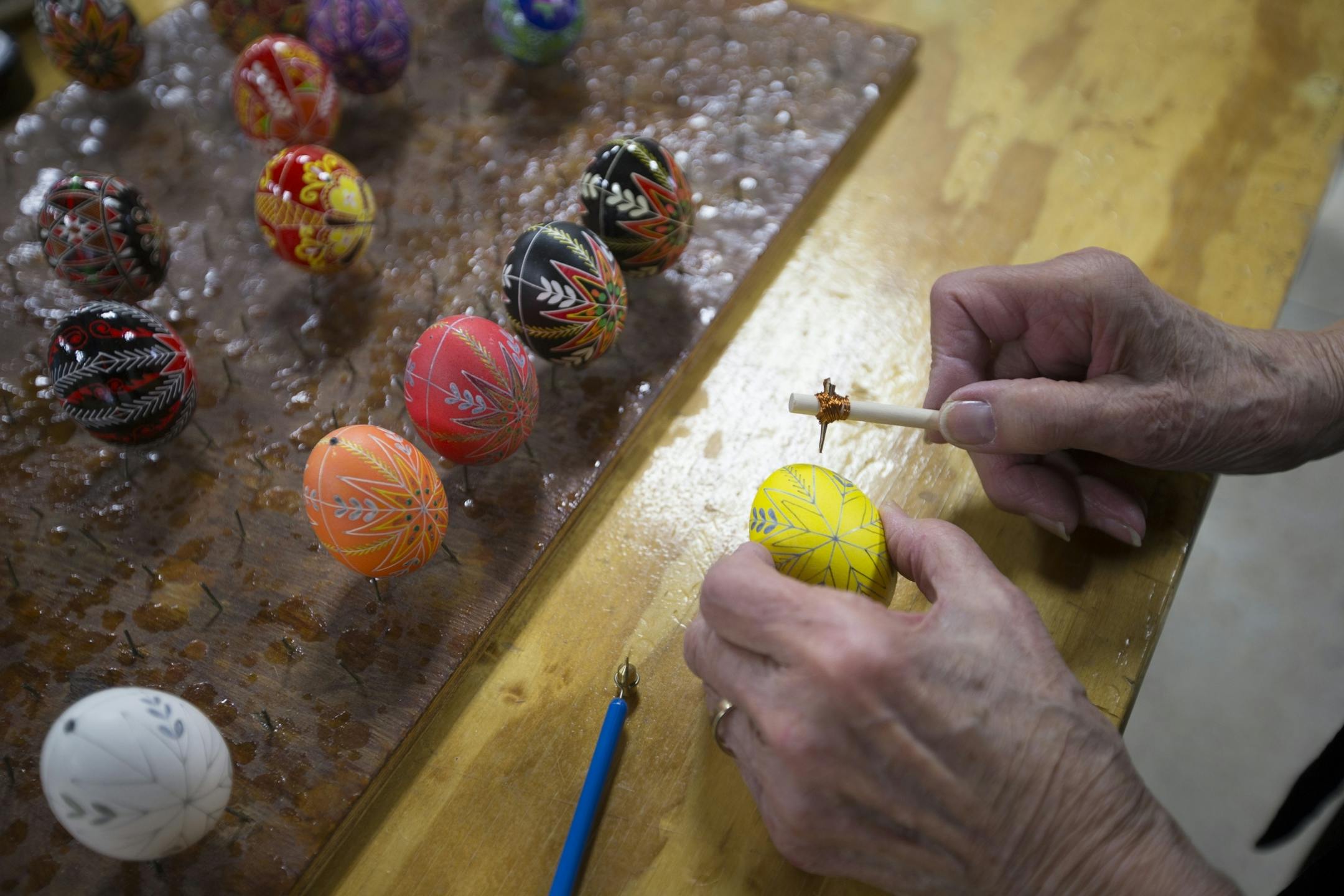 Luba Perchyshyn, 91, is known worldwide for the Ukrainian easter eggs she has handmade for the last 87 years. She demonstrated the technique at The Ukrainian Gift Shop in Minneapolis, Minn., on Thursday, March 26, 2015.