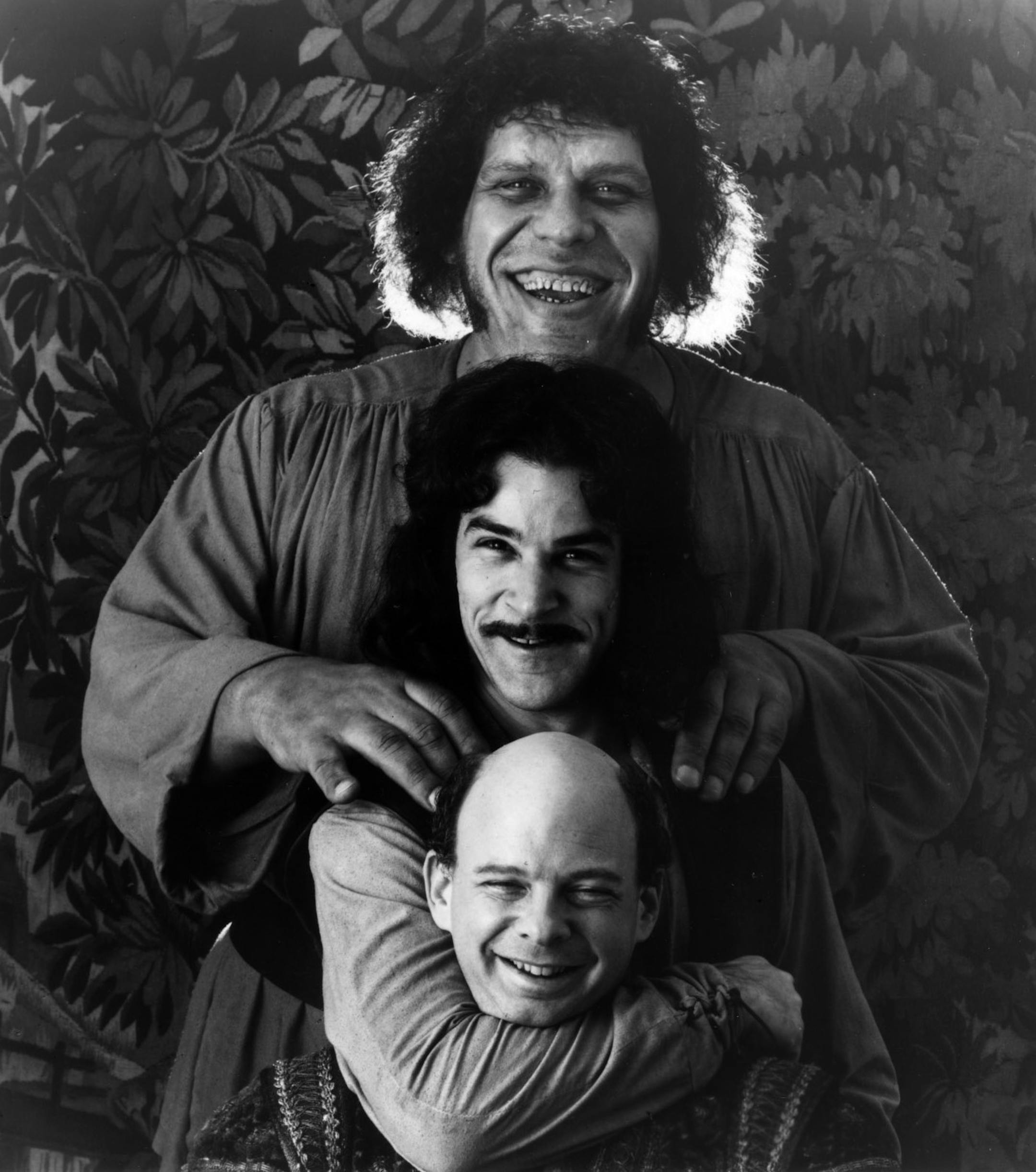 (top to bottom) - Andre the Giant, Mandy Patinkin, and Wallace Shawn star as inept would-be kidnappers in the 1987 movie THE PRINCESS BRIDE, a film version by Rob Reiner of the comic tale by William Goldman. Photo by Clive Coote, courtesy of Act III Communications and Twentieth Century Fox.