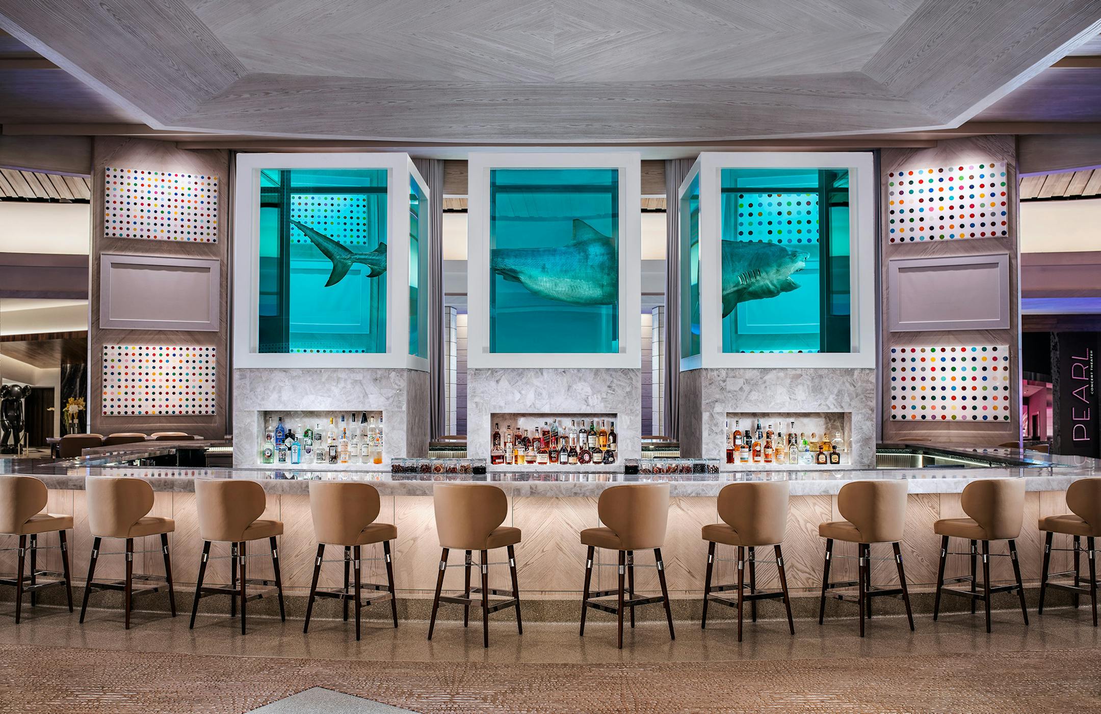 Damien Hirst's sculpture of an 13-foot tiger shark preserved in three tanks floats atop the The Palms' Unkown Bar and also inspired the name of Bobby Flay's new restaurant. (Palms Casino Resort/TNS)