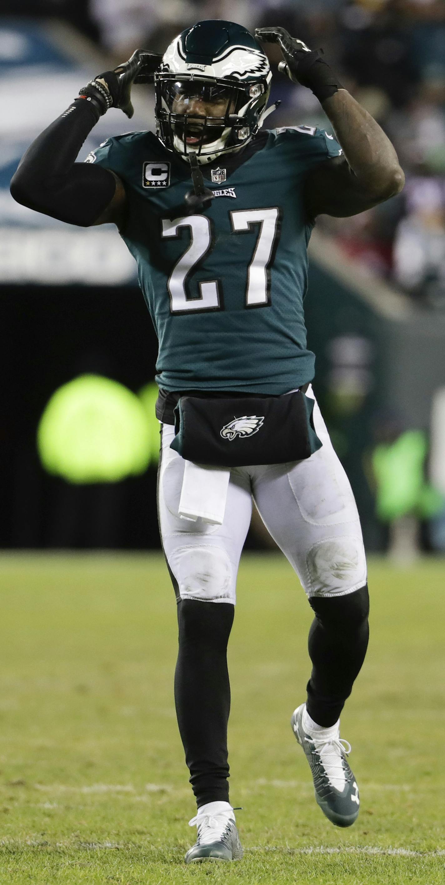 Philadelphia Eagles' Malcolm Jenkins reacts during the second half of an NFL divisional playoff football game against the Atlanta Falcons, Saturday, Jan. 13, 2018, in Philadelphia. Philadelphia won 15-10. (AP Photo/Chris Szagola) ORG XMIT: OTKCS181