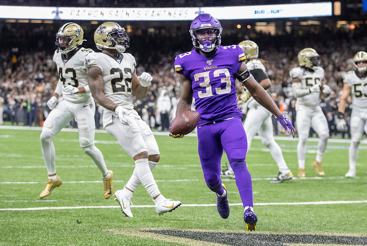 Minnesota Vikings running back Dalvin Cook (33) carries the ball into the end zone for a touchdown against the New Orleans Saints on January 5, 2020, at Mercedes-Benz Superdome in New Orleans. (Elizabeth Flores/Minneapolis Star Tribune/TNS) ORG XMIT: 1743794 ORG XMIT: MIN2008142117190200