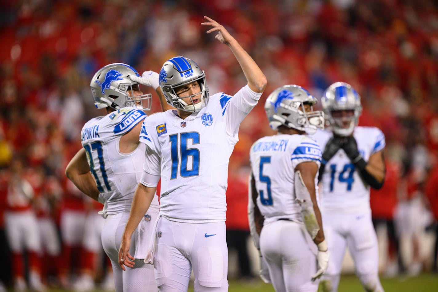 Detroit Lions quarterback Jared Goff (16) acknowledges the Lions fans as time runs out in their win over the Kansas City Chiefs in an NFL football game, Thursday, Sept. 7, 2023 in Kansas City, Mo. (AP Photo/Reed Hoffmann)