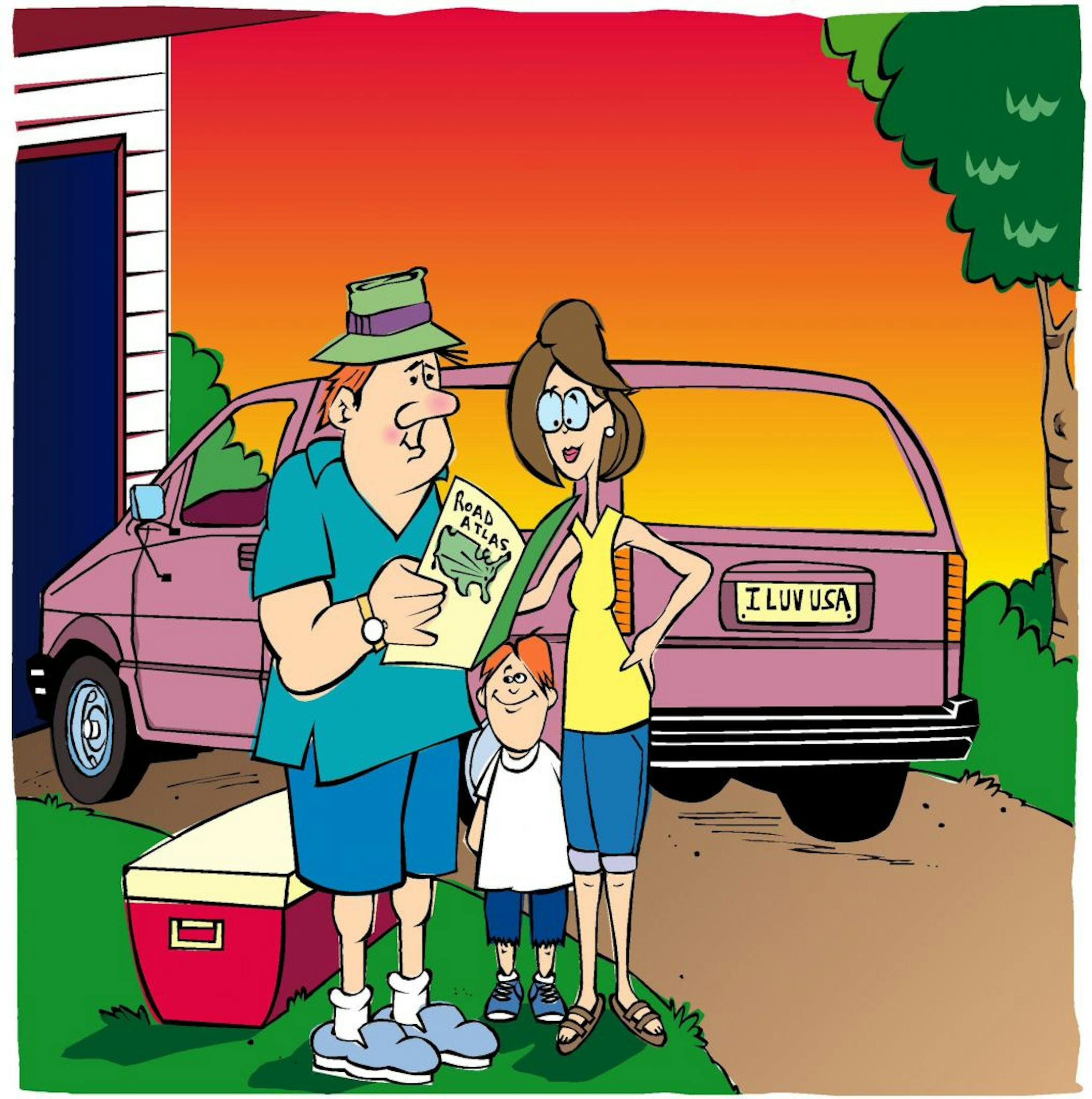 300 dpi Tim Goheen illustration of family getting ready to leave on summer vacation. The State (Columbia, S.C.) 1995<p> krtnational national; krt; krtcampus campus; mctillustration; 10005000; 10006000; 10007000; FEA; holiday; krtfeatures features; krtlifestyle lifestyle; krttravel travel; LEI; leisure; LIF; tourism; vacation; krtsummer summer; automobile auto; car; cs contributed goheen; family vacation; road trip; 2011; krt2011