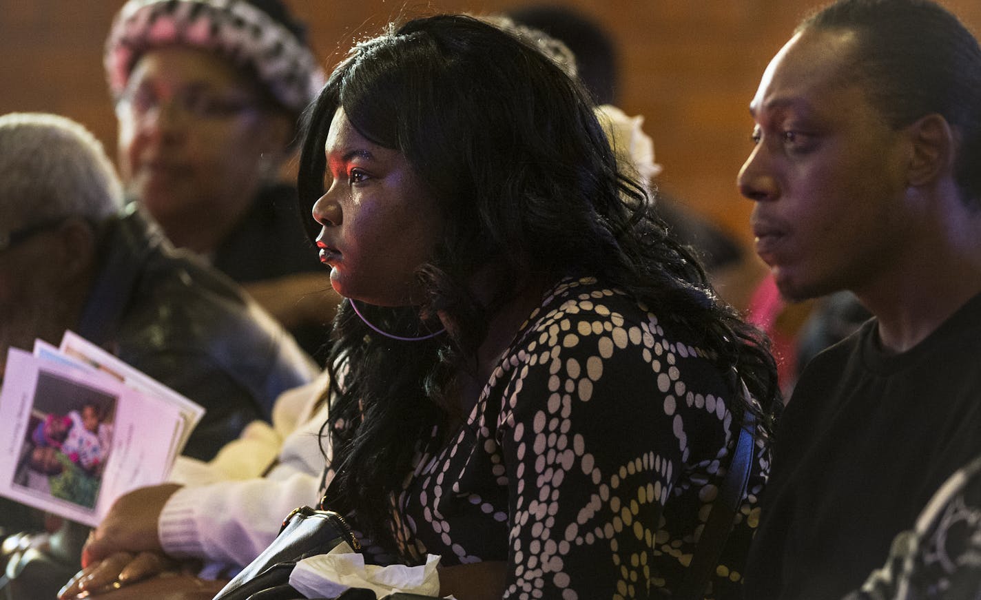 Taneisha Thomas, center, and Antonio Thomas looked on during the funeral of their three children who died in a North Minneapolis house fire on Oct. 4. ] (AARON LAVINSKY/STAR TRIBUNE) aaron.lavinsky@startribune.com The funeral for siblings Latorious Thomas, 6, and his sisters Latoria, 5, and Latorianna, 23 months, was held Saturday, Oct. 17, 2015 at Elim Lutheran Church in Robbinsdale. The three children died in a north Minneapolis house fire on Oct. 4.