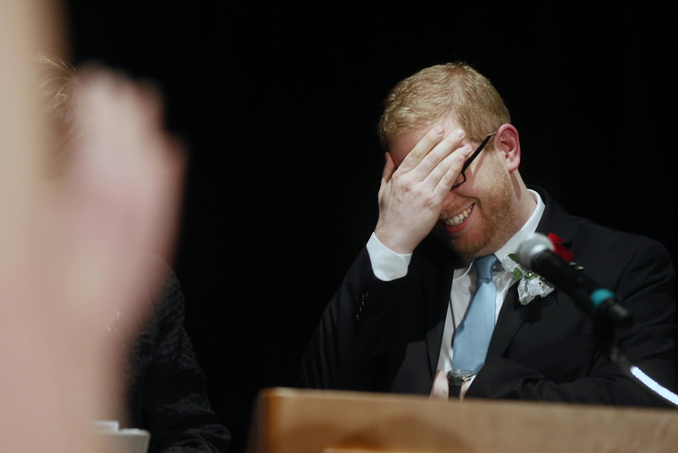 Thomas Rademacher, an English teacher at the FAIR School in the West Metro Education Program, appeared stunned to have won the 2014 teacher of the year award. He only wrote a few words for a possible acceptance speech as a finalist.