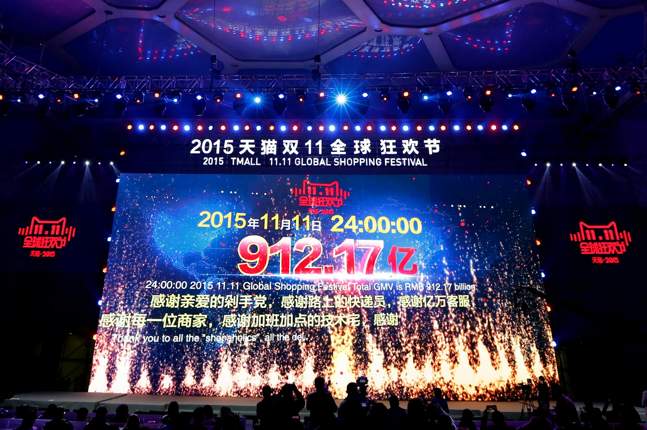 Journalists film a giant screen showing a total sales transacted of e-commerce giant Alibaba, on the "Singles' Day" global online shopping festival held at National Aquatic Center, also known as the "Water Cube" in Beijing, China, Wednesday, Nov. 11, 2015. China's largest Internet retailer sales reached $14.3 billion on the country's biggest online shopping holiday, smashing last year's figure to set a new record for a single day of sales. (AP Photo/Andy Wong)