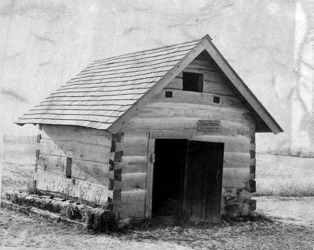 A Finnish sauna located in the early Finnish settlement of Cokato, in Wright County. The sign above the door says it was the first sauna in Minnesota, built in 1868.