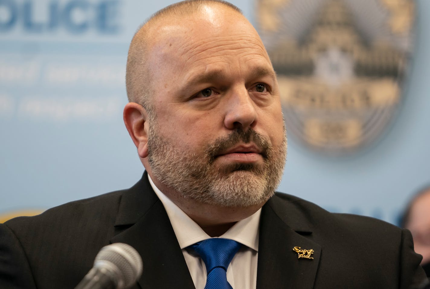 St. Paul Police Chief Todd Axtell looked visibly upset as he spoke at a press conference about a shooting by a police officer last weekend in St. Paul, Minn., on Tuesday, Dec. 1, 2020. (Renee Jones Schneider/Star Tribune via AP)