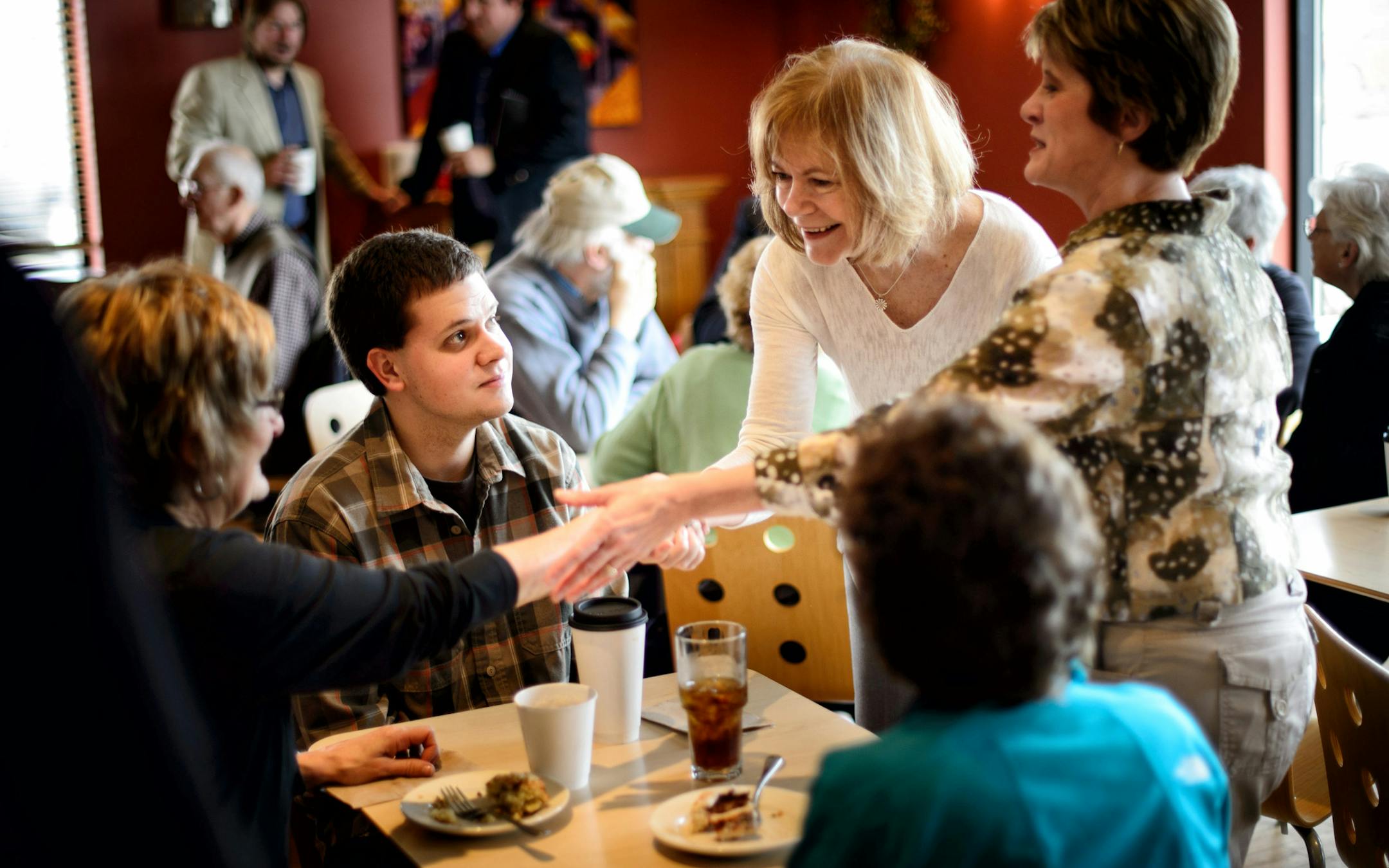 Lt. Governor candidate and Mark Dayton's running mate Tina Smith visited with supporters and patrons at Dierdre‚Äôs Coffee, Willmar, MN. Governor Dayton is recovering from hip surgery and is unable to campaign for now. ] GLEN STUBBE * gstubbe@startribune.com Saturday, April 12, 2014