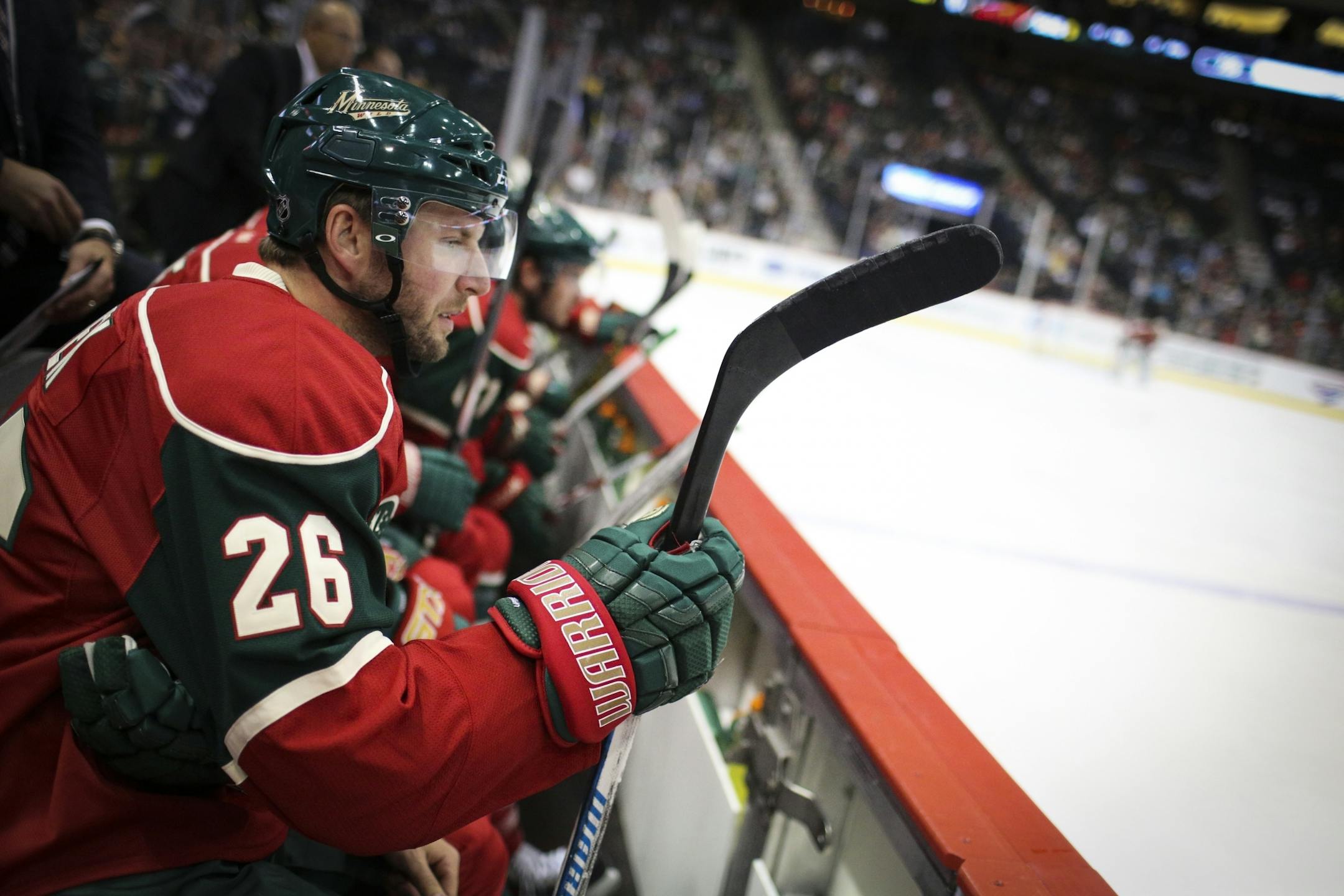 Wild left wing Thomas Vanek on the bench the first period during the Minnesota Wild vs. the Pittsburgh Penguins pre-season NHL game at the Xcel Energy Center on Monday, September 29, 2014 in St. Paul, Minn.