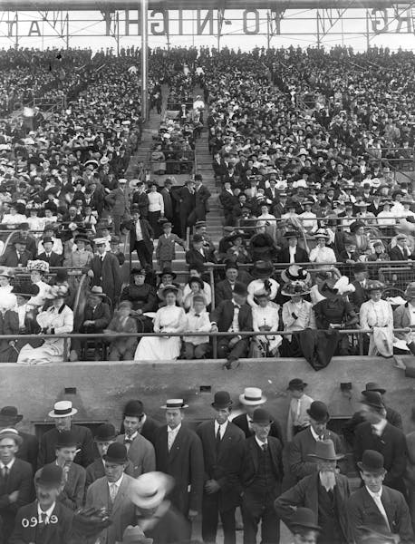 A crowd of people fill the seats in the central part of the grandstand, 1909. Photo provided by the Minnesota State Fair Archives