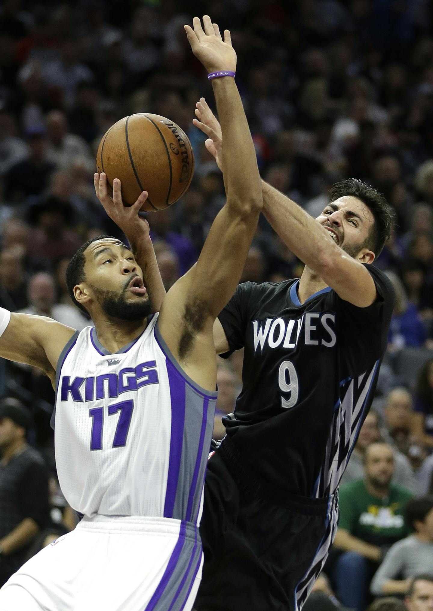 Wolves guard Ricky Rubio, going to the basket against Kings guard Garrett Temple in the second quarter Saturday, sprained his right elbow late in the game.