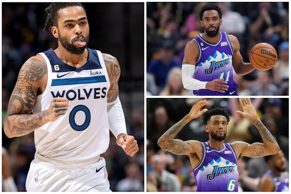 Wolves boss Tim Connelly had several reasons he decided to make a three-team trade that sent (clockwise from left) D’Angelo Russell to the Lakers an