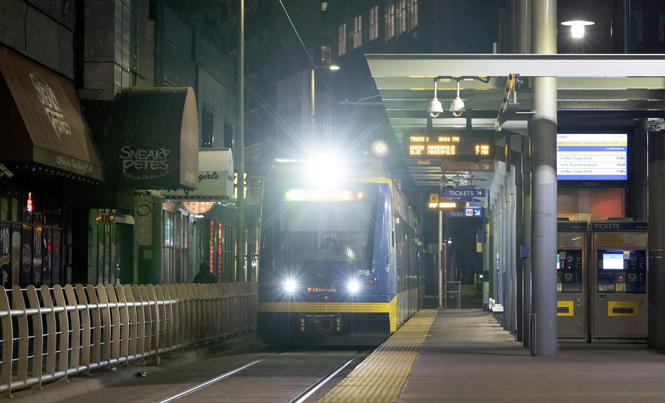 A Metro light rail pulled into the Warehouse District / Hennepin stop in downtown Minneapolis. Metro Transit will suspend service of all bus and light-rail service between 11 p.m. and 4:30 a.m. beginning Tuesday,