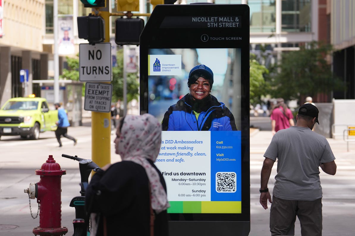 A new touch screen kiosk, one of several, sits at the intersection of Nicollet Mall and 5th Street to help people find their way to any number of plac