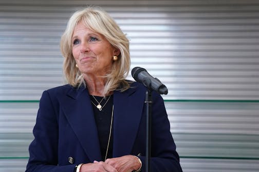 Dr. Jill Biden took questions from reporters during a campaign stop for her husband, Democratic presidential nominee and former Vice President Joe Biden, to discuss school re-openings with Sen. Amy Klobuchar, Gov. Tim Walz and others Wednesday at Jeffers Pond Elementary School.