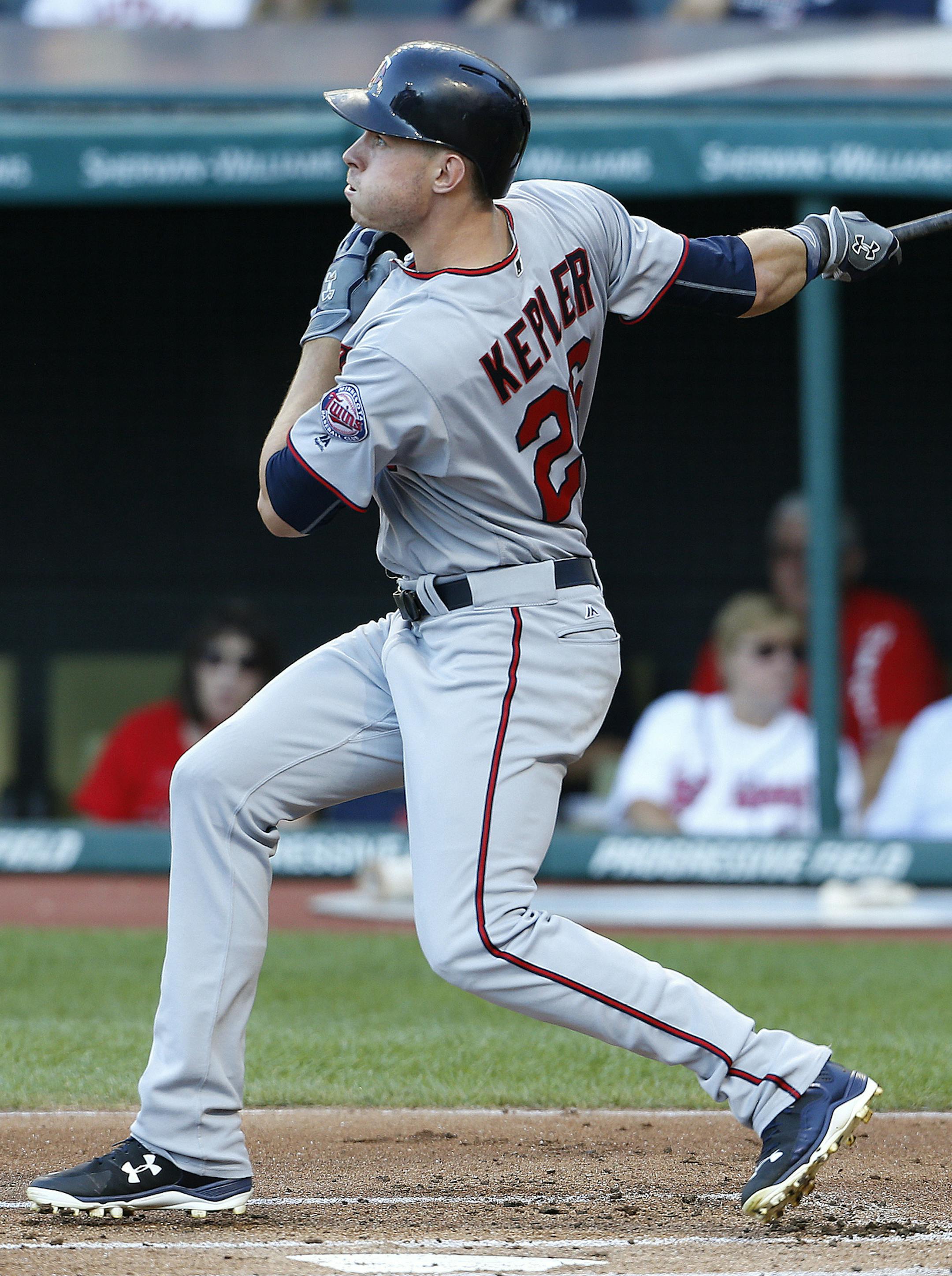 Minnesota Twins' Max Kepler watches his two run home run off Cleveland Indians starting pitcher Danny Salazar during the first inning of a baseball game, Monday, Aug. 1, 2016, in Cleveland. (AP Photo/Ron Schwane)