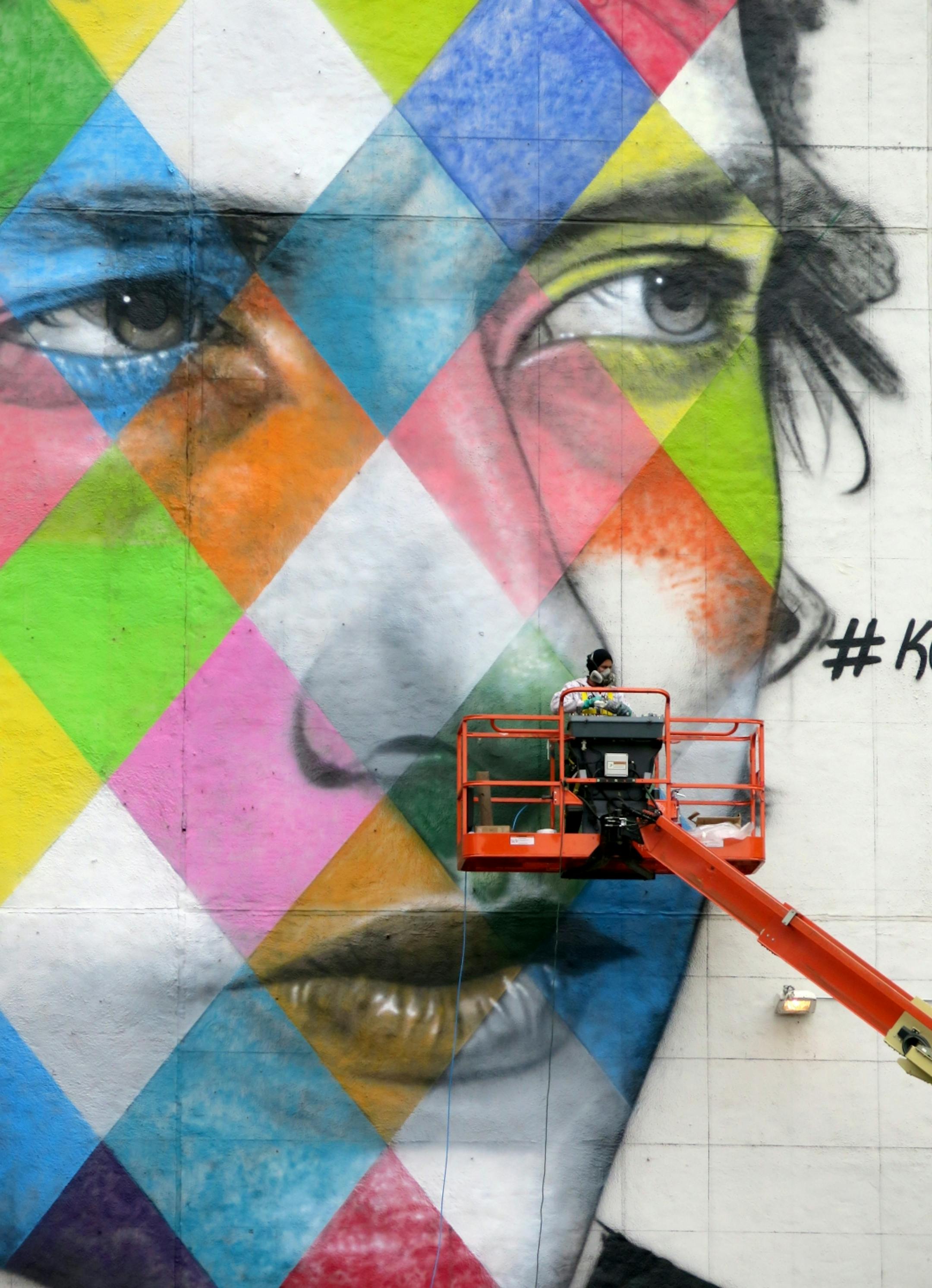The blank white wall facing the corner of 5th and Hennepin Ave shot Saturday August 29, 2015. The 'canvas' for a mural by Brazillian artist Kobra- with multiple images of Bob Dylan.